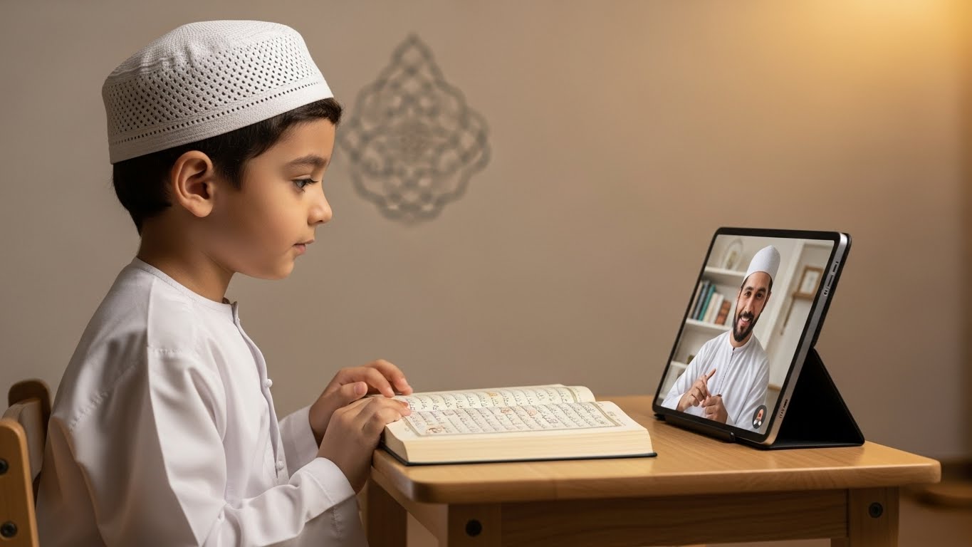 Student learning Quran online